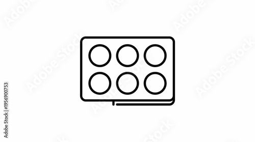 Simple line art icon of a rectangular palette with six circular wells, often used for makeup, watercolors, or other artistic pigments.