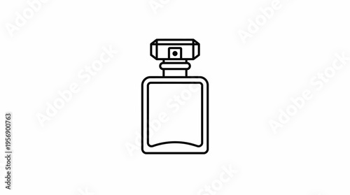 Minimalist line art icon of a classic perfume bottle with a rectangular shape and a detailed cap, representing fragrance and beauty products.