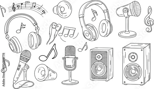 A collection of various musical instruments and decorative items in a sketchy illustration style