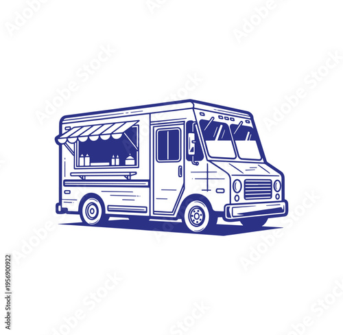 Food truck with awning and serving window on white background