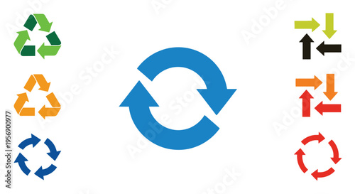 Colorful recycling symbols illustrating circular economy and waste management concepts
