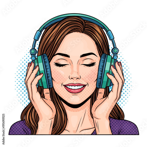 Woman Listening to Music with Headphones Pop Art Style Illustration Enjoying Audio Entertainment Portrait Vector Graphic Design