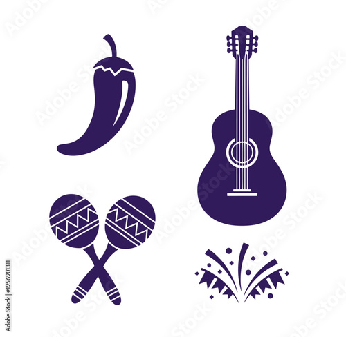 Purple icons of musical instruments and Mexican symbols including guitar chili pepper and maracas
