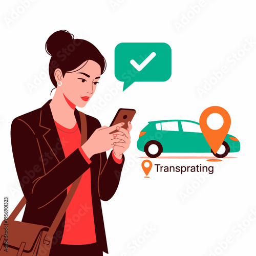 Woman Using Ride Sharing App on Phone - Transportation Confirmation and Location Tracking Illustration for Mobile Services