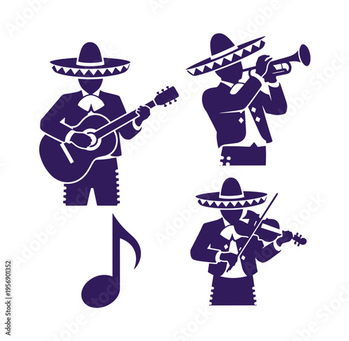 Purple silhouettes of three mariachi musicians playing guitar trumpet and violin with musical note