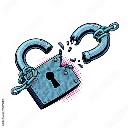 Broken Lock and Chain Illustration - Security Breach Concept Art Graphic Design Vector Image Digital Artwork Pop Art Style