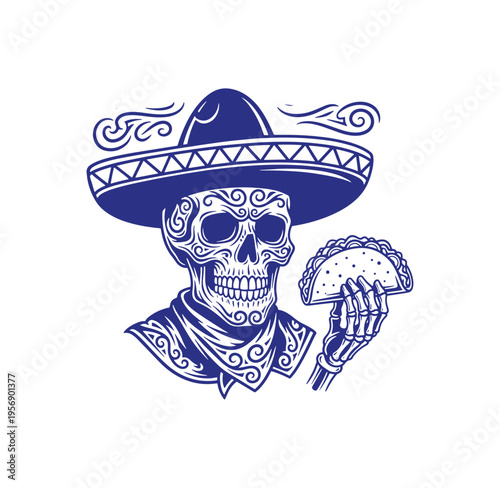 skeleton wearing sombrero and holding a taco on white background