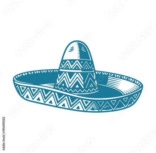 Traditional Mexican sombrero hat with white patterns on blue  cultural symbol