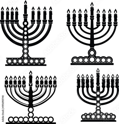 Menorah silhouettes collection isolated on white background, traditional Jewish candelabra symbols, Hanukkah holiday decoration icons, religious vintage illustration set for design