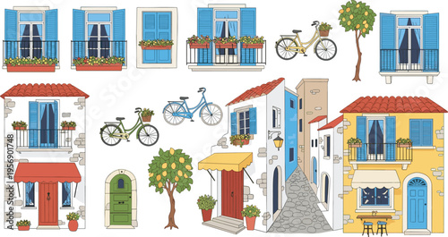 Charming European Village Illustration Set with Colorful Houses, Blue Windows, Bicycles, and Potted Plants