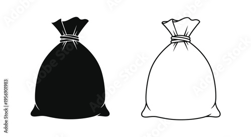 Two monochrome illustrations of tied sacks or bags one filled one empty