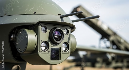 Close-up view of a sophisticated military surveillance drone's advanced optical sensor system.