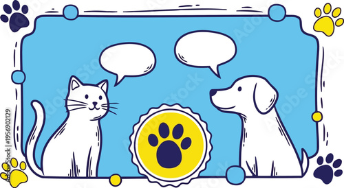 Canine and feline chat blank dialog boxes blue template background