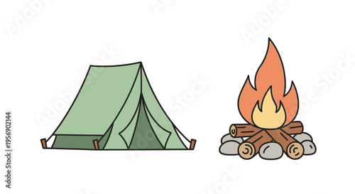 Camping Tent and Fire Illustration.