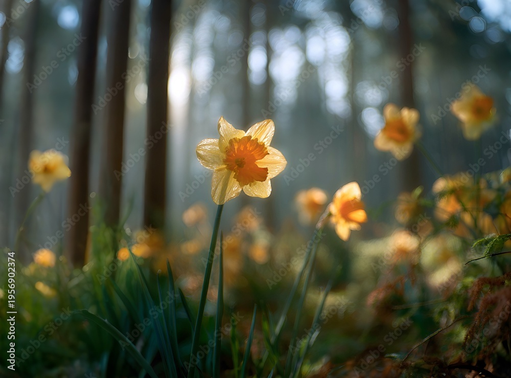Obraz premium Yellow daffodils bloom in a sun-drenched forest glade, creating a serene spring woodland scene with soft light, green foliage