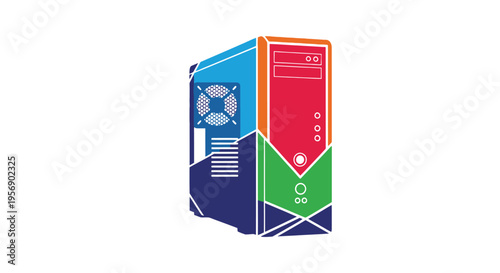 Colorful desktop computer tower with a modern geometric design