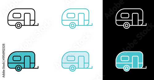 Camper trailer icon for travel and road trip camping in line and fill style
