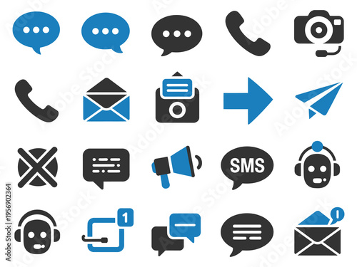 Communication Icon Set, vector illustration of messages and devices in various styles, representing chatting, messaging, email, and digital communication, modern clean design.