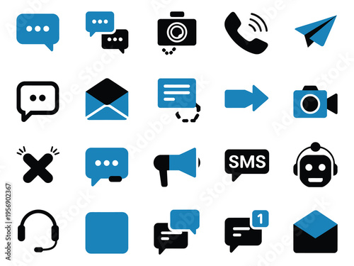 Communication Icon Set, vector illustration of messages and devices in various styles, representing chatting, messaging, email, and digital communication, modern clean design.