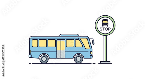 Blue Bus at Bus Stop Sign.