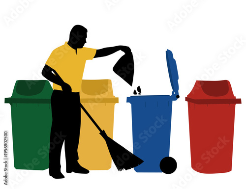 Minimalist vector silhouette of a worker sorting trash and sweeping. Features colorful green, yellow, blue, and red recycling bins, emphasizing environmental care and waste management.