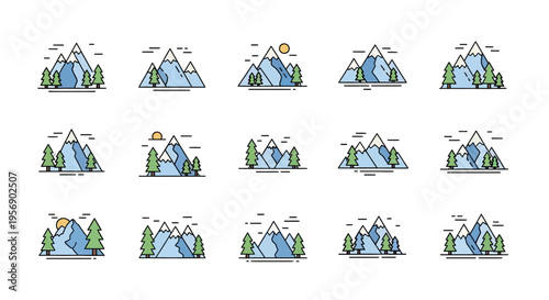 Mountain landscape icons with trees.