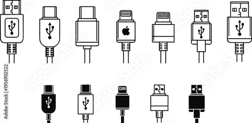 USB cable connector icons set including Type C, Lightning and Micro USB plugs vector illustration isolated on white background