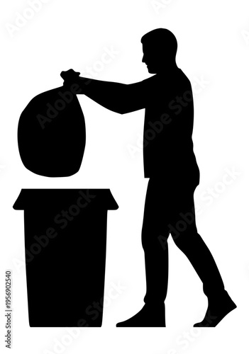 Minimalist vector silhouette of a man disposing of a large bag into a trash bin. This high-contrast black illustration emphasizes waste management, cleanliness, and environmental responsibility.