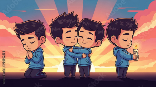 Cute Boy Characters Expressing Prayer Love and Hope at Sunset