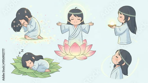Cute Chibi Girl Spiritual and Meditation Pose Set