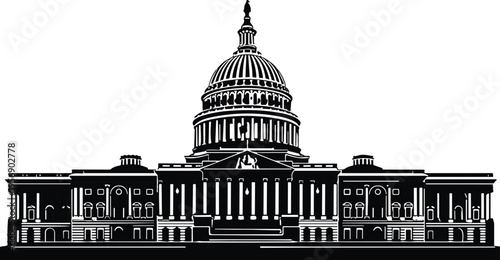 United States Capitol building silhouette vector illustration, iconic Washington government landmark architecture, American democracy symbol, political institution historic monument design