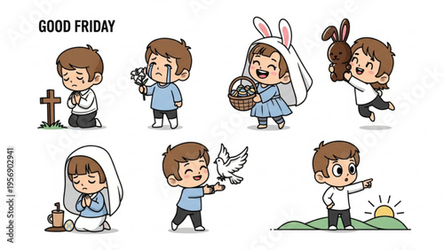 Good Friday and Easter Holiday Cartoon Characters Set