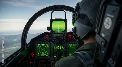 Pilot's perspective from inside a fighter jet cockpit, showcasing advanced digital displays and controls during flight.