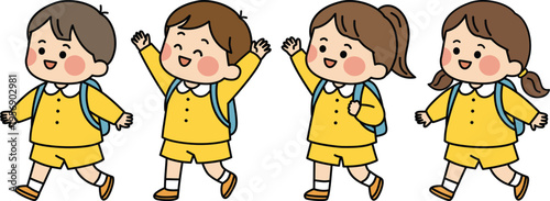 Cute kindergarten children in school uniforms, group of 4 kids vector