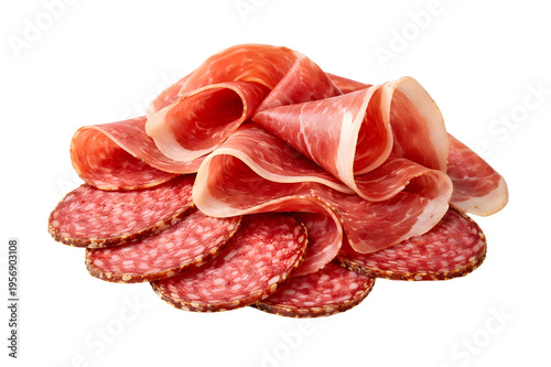 Assorted Sliced Salami Isolated on White Background – Italian Cured Meat Close-Up