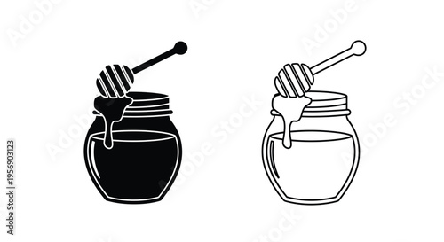 Two honey jars with dippers a black and a white illustration