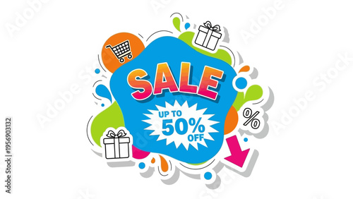 Dynamic and colorful shopping promotion banner with 'SALE' text, 'Up To 50% Off' discount offer, gift boxes, and shopping cart icons, ideal for attracting online customers
