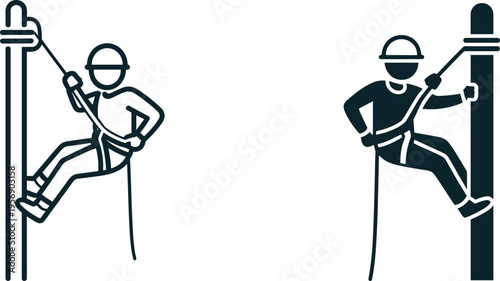 Utility worker climbing pole icon, lineman safety harness working symbol, electrical maintenance technician concept, industrial worker vector illustration isolated