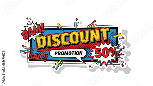Eye-catching comic style discount promotion banner offering fifty percent off for various marketing and sales campaigns