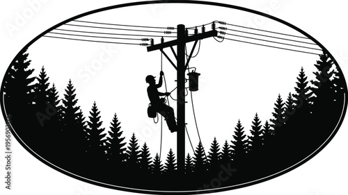 Utility worker climbing pole illustration, power line repair artwork, electrical service drawing, rural infrastructure design, forest background element, safety job graphic