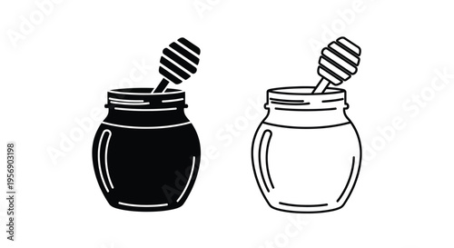 Two honey jar illustrations one black one white with dippers