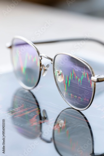 a closeup of the glasses and eyes reflecting candlestick charts, indicating stock market analysis. the reflection on the eyeglasses symbolizes financial awareness in global thinking.
