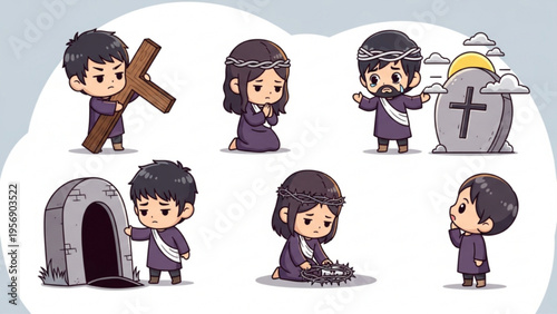 Chibi Jesus Christ Passion and Easter Story Illustration Set
