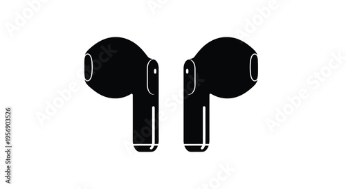 A simple black and white illustration of wireless earbuds facing forward