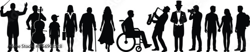 Diverse silhouette collection of people including musicians, professionals, disabled individuals, children, and elderly representing global community, social inclusion, and human variety