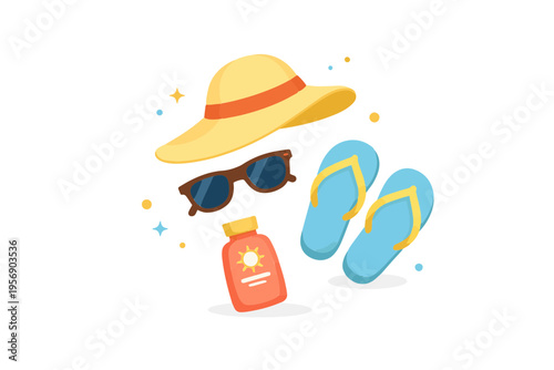 Summer Beach Object Cluster – Sunglasses Hat Flip Flops Flat Vector
