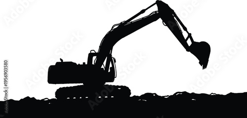 Excavator silhouette on construction site ground for heavy machinery industry building work earthmoving equipment and civil engineering projects vector illustration