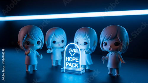 Four Cute Figurines with Glowing Neon Hope Pack Sign