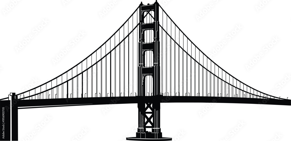 Fototapeta premium Golden Gate Bridge silhouette, San Francisco landmark, black and white vector illustration, suspension bridge architecture, famous California travel destination icon