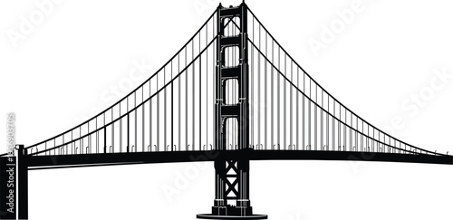 Golden Gate Bridge silhouette, San Francisco landmark, black and white vector illustration, suspension bridge architecture, famous California travel destination icon